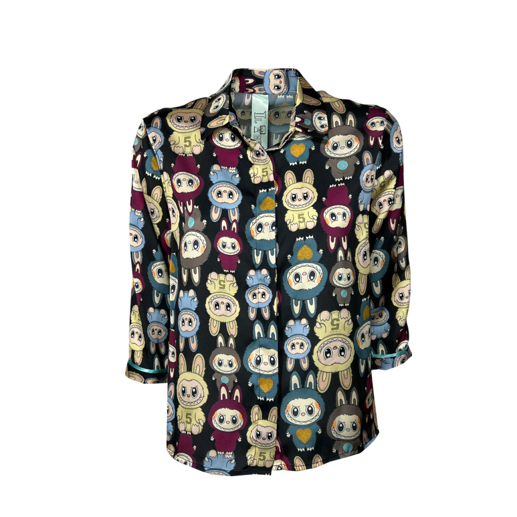 IL THE DELLE 5 Camicia Donna Nera Fantasia Multicolor SPOON “Lovely Monster” MADE IN ITALY