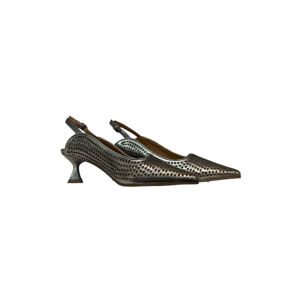 LA VITRINA PISALADDER-50 scarpa donna sling-back traforata in pelle laminata argento/platino