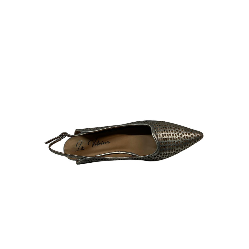 LA VITRINA PISALADDER-50 scarpa donna sling-back traforata in pelle laminata argento/platino