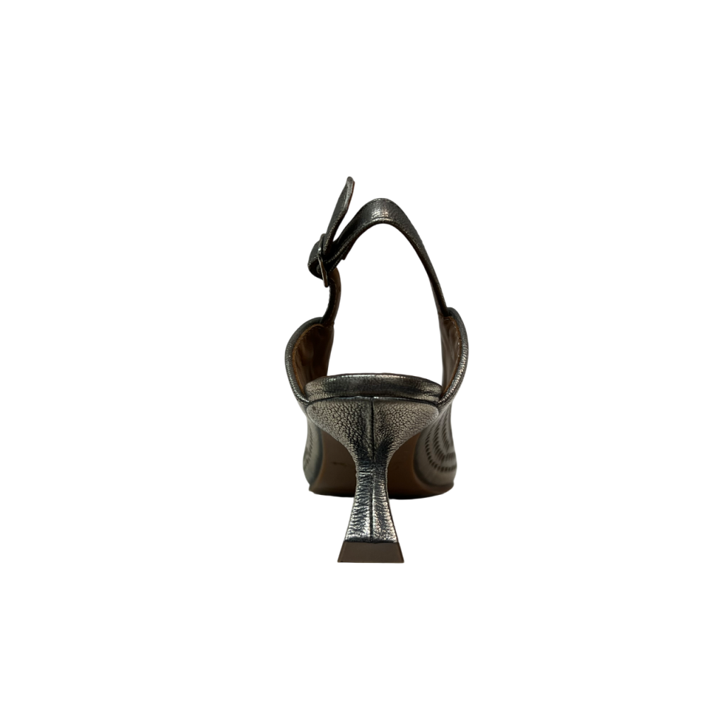 LA VITRINA PISALADDER-50 scarpa donna sling-back traforata in pelle laminata argento/platino
