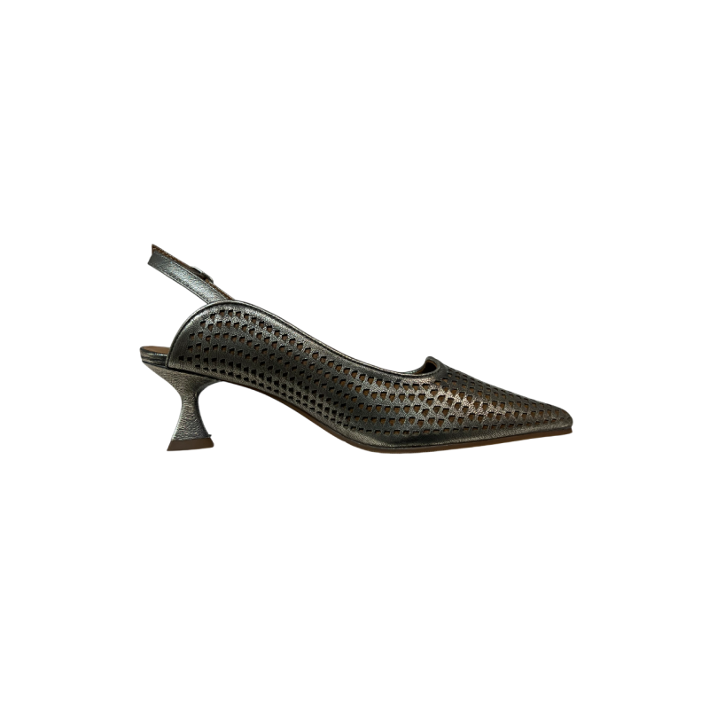 LA VITRINA PISALADDER-50 scarpa donna sling-back traforata in pelle laminata argento/platino