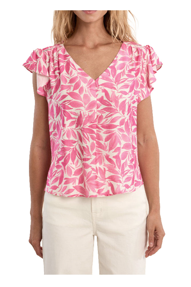 MOLLY BRACKEN LA1472EE blusa donna rosa bianco volant scollo V