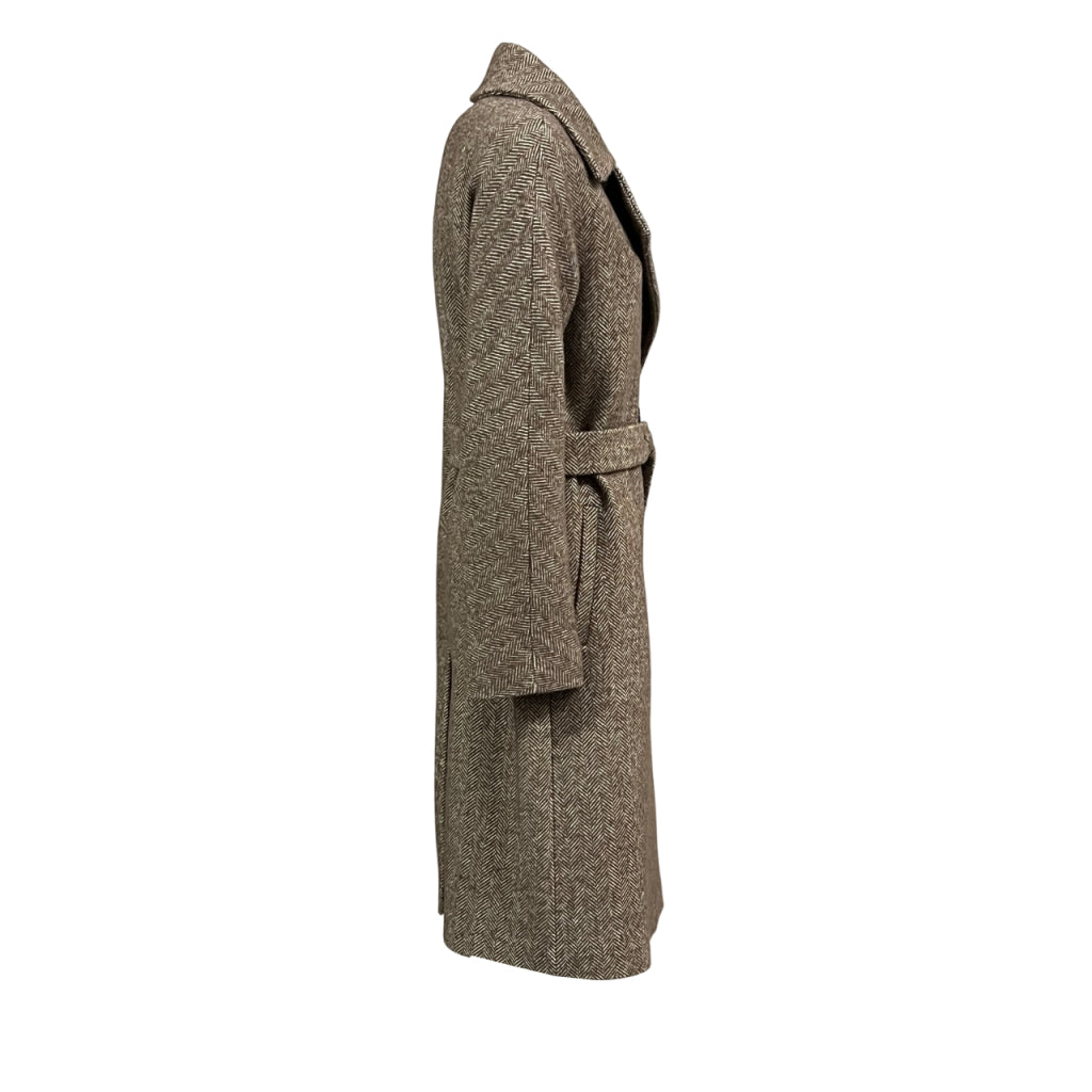 Lucrezia T Cappotto Donna Doppiopetto in Tessuto Spinato Beige/Marrone con Cintura – L25712 LU120