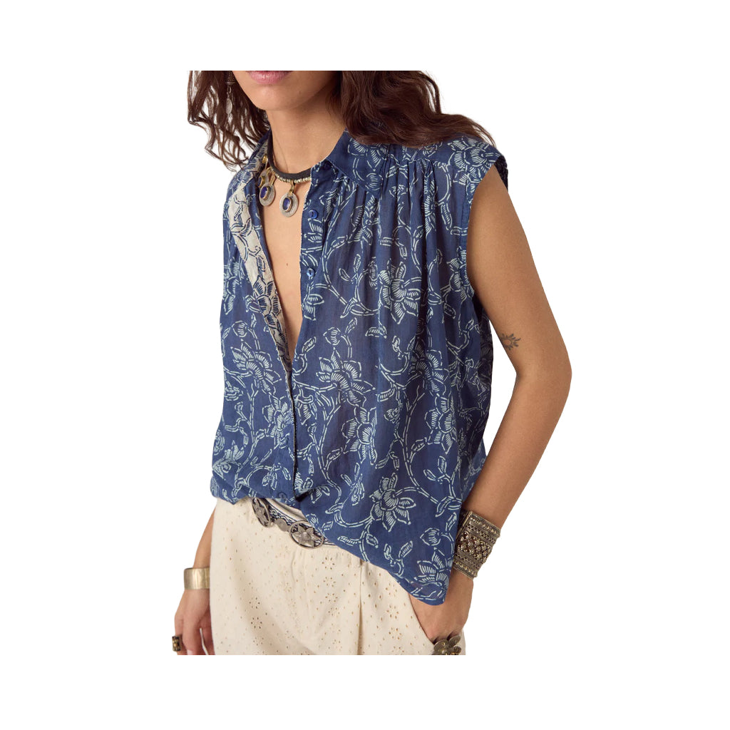 MAISON HOTEL Camicia Donna Blu Floreale Bianca Mina Cotone