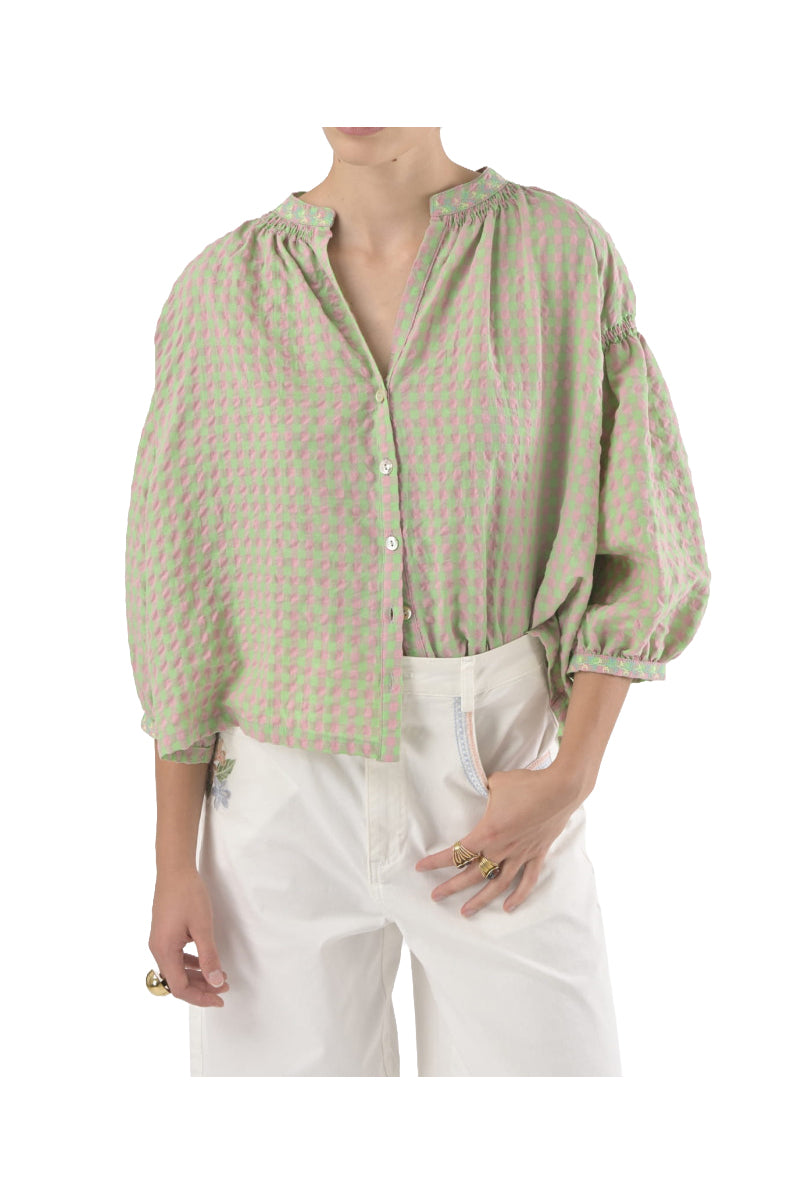 ORFEO PARIS DANIELE TW1774E blusa donna over quadri verde rosa
