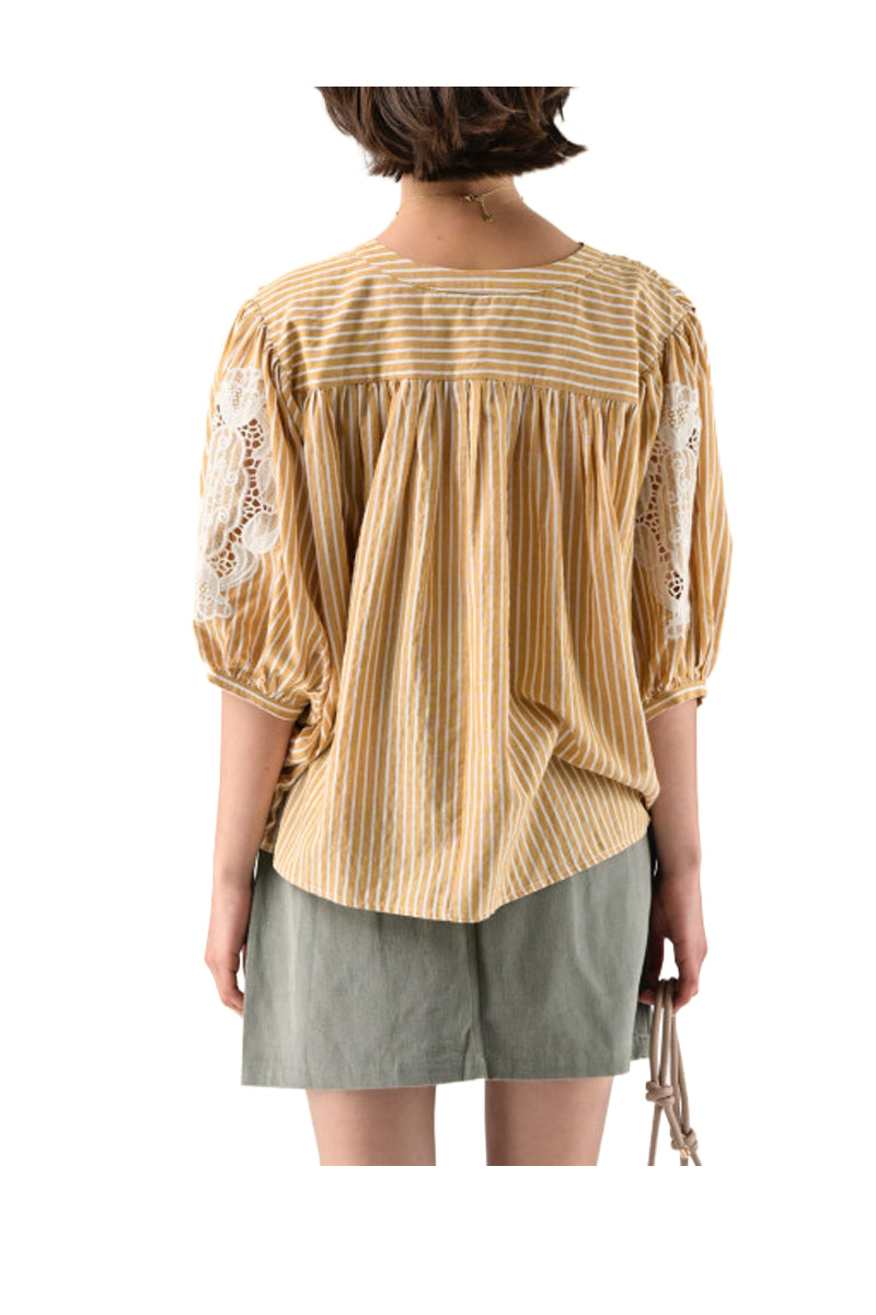 ORFEO PARIS blusa donna a righe ambra/ecru con ricamo applicato ecru ADRIAN TW1688E26 85% rayon