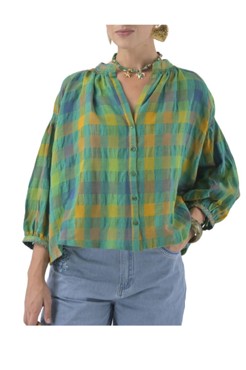 ORFEO PARIS DANIELE TW1774E blusa donna over quadri verde giallo
