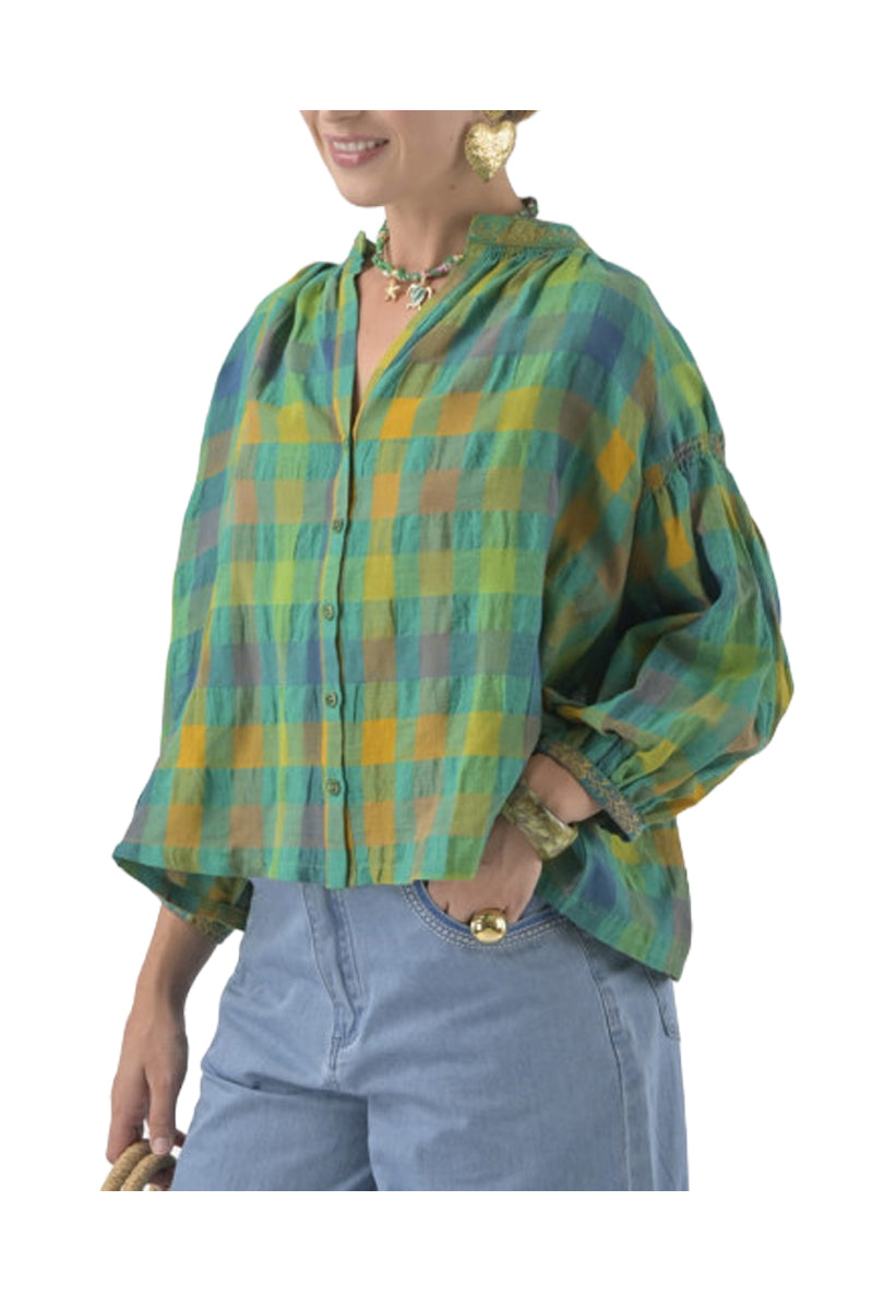 ORFEO PARIS DANIELE TW1774E blusa donna over quadri verde giallo