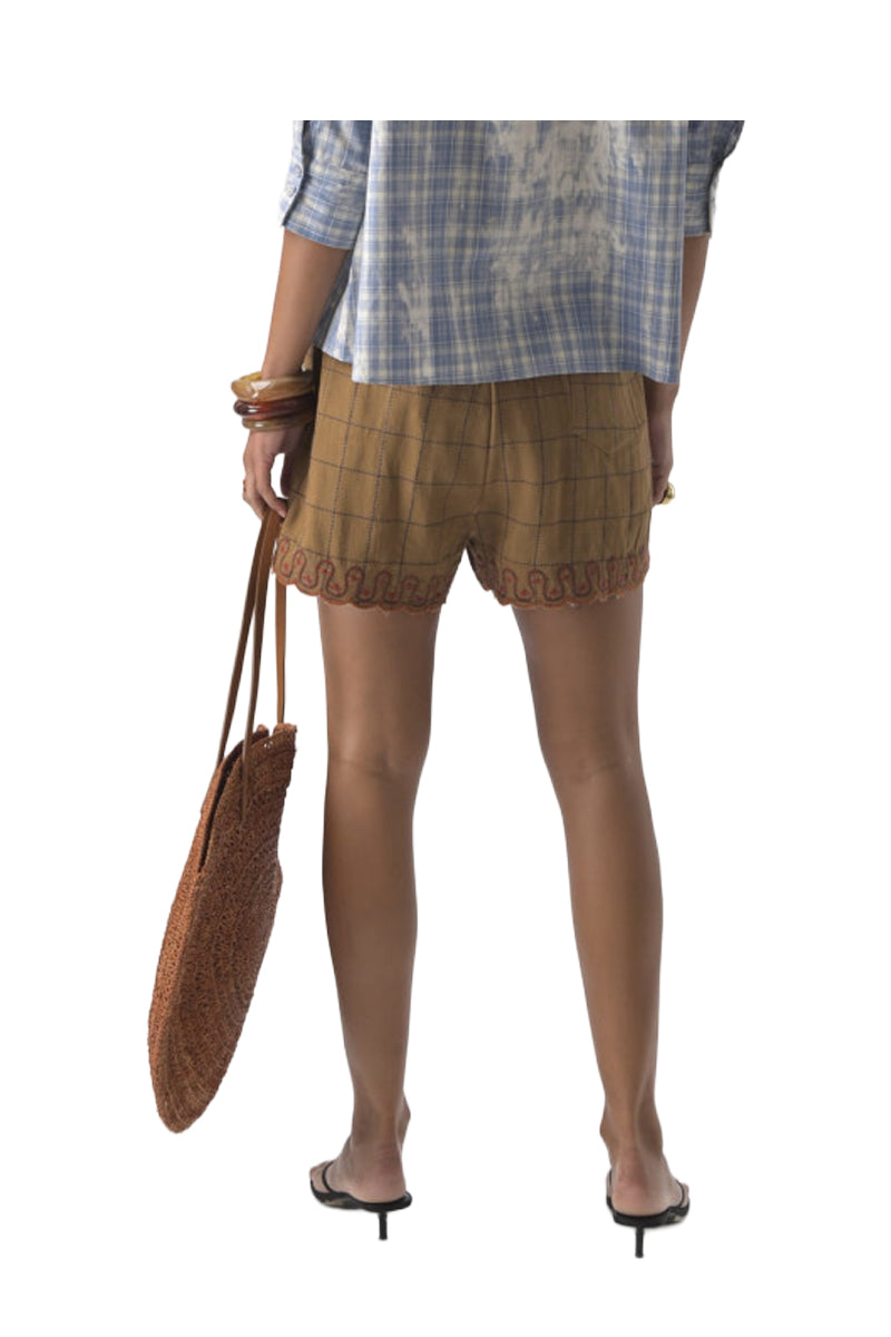 ORFEO PARIS LAURA ST113 short donna quadri marrone ricami lino