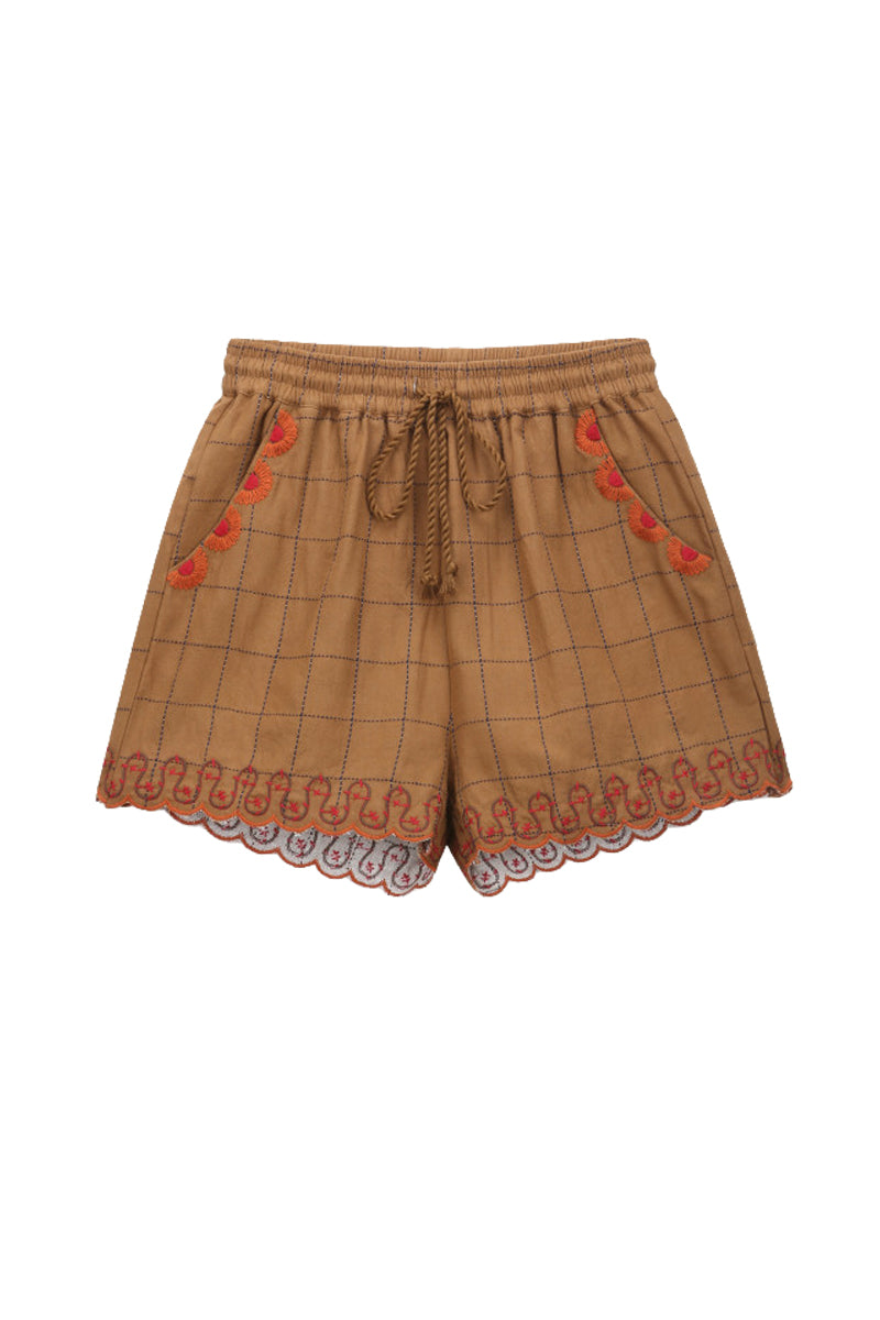 ORFEO PARIS LAURA ST113 short donna quadri marrone ricami lino