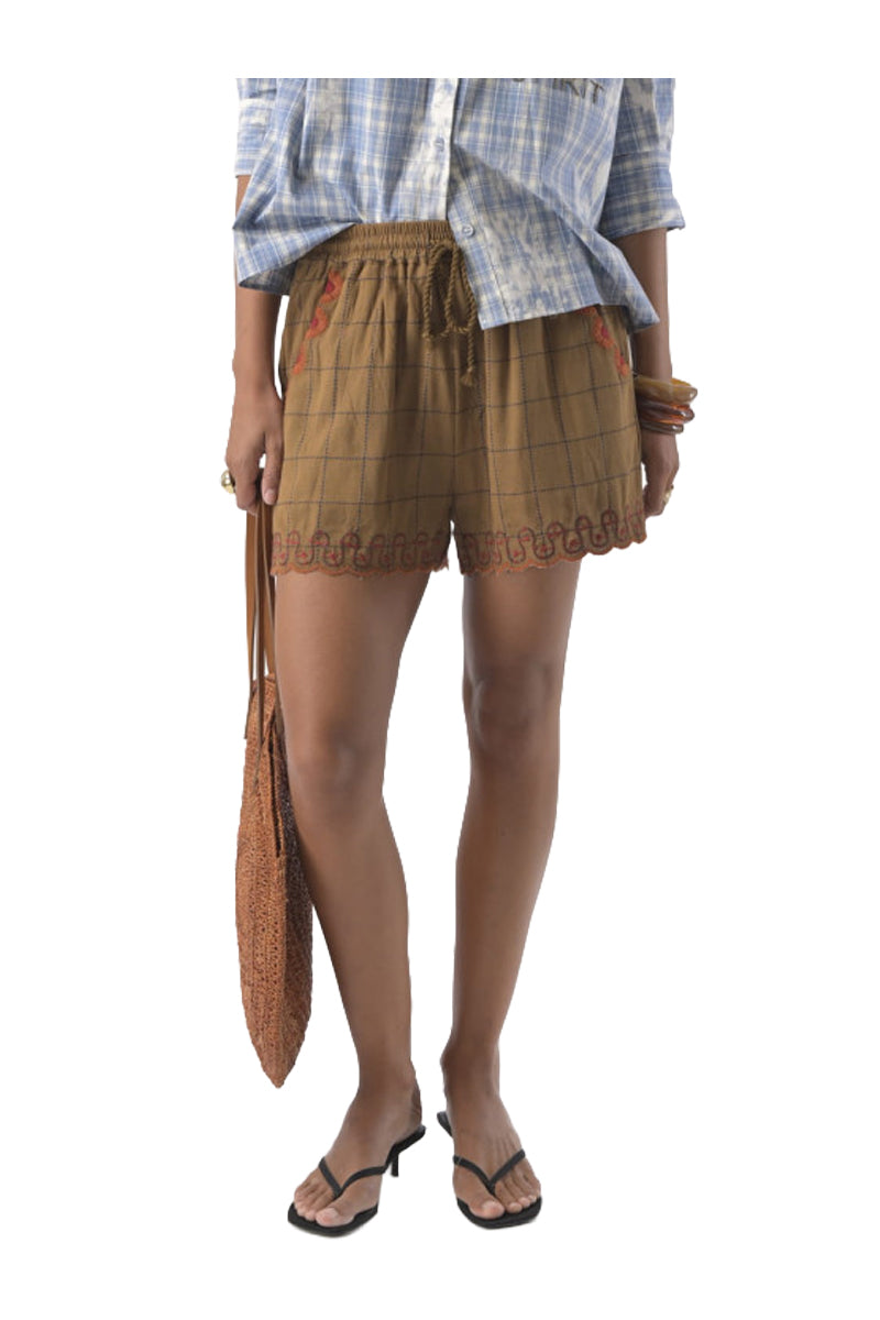 ORFEO PARIS LAURA ST113 short donna quadri marrone ricami lino