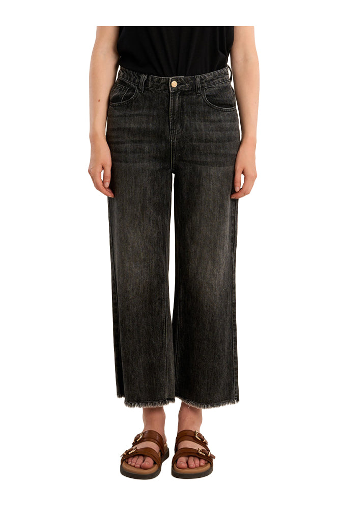 MOLLY BRACKEN E1793EP jeans donna neri cropped larghi sfrangiati
